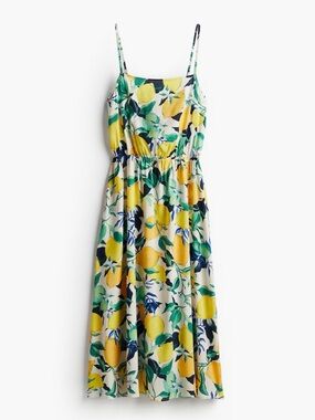 H&M Yellow Lemon-Print Spaghetti-Strap Midi Dress